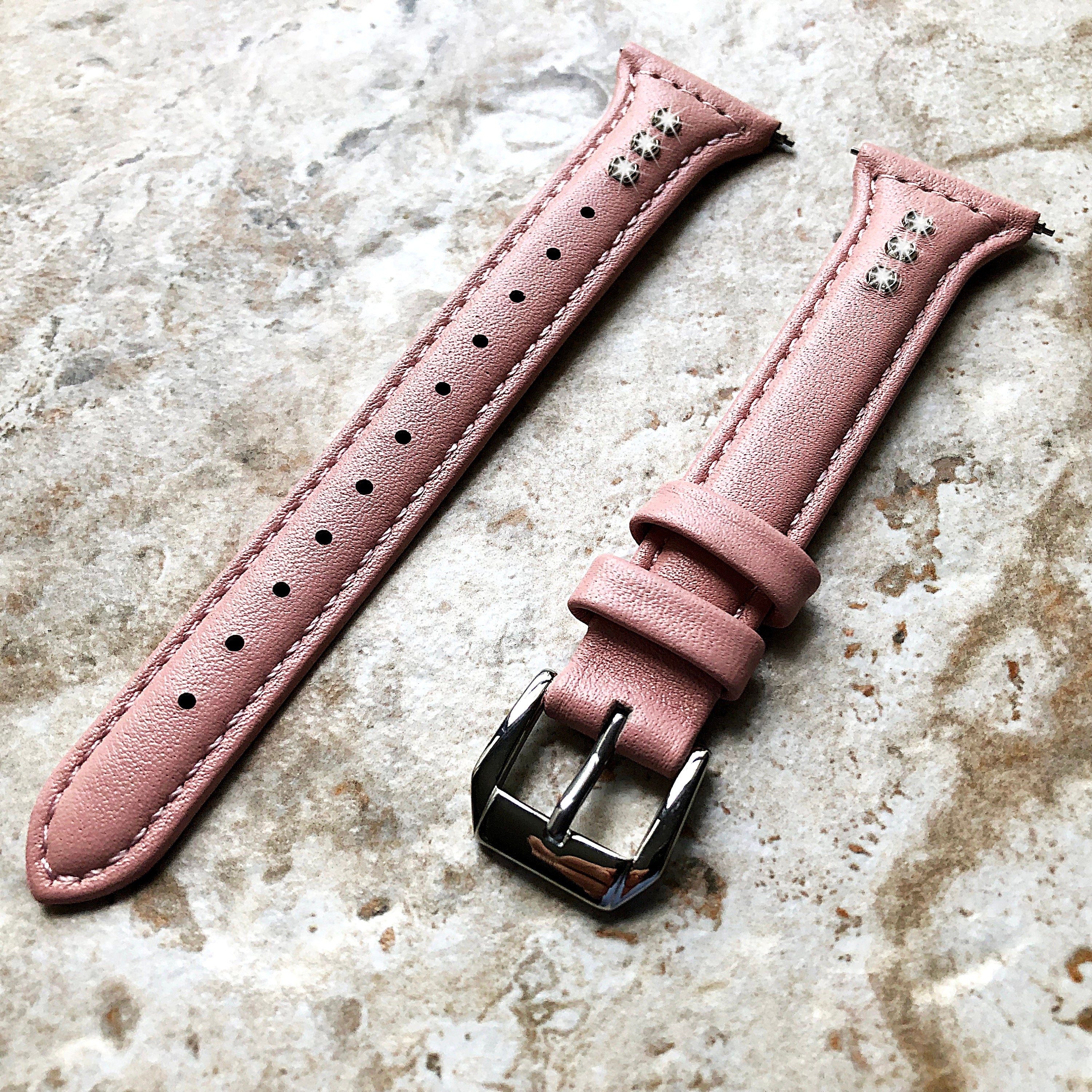 22mm Pink Leather and Crystals Slim Elegant Soft Watch Strap Band for Wrist Hand Watches - Quick Release Pins Included Easy Ready to Attach